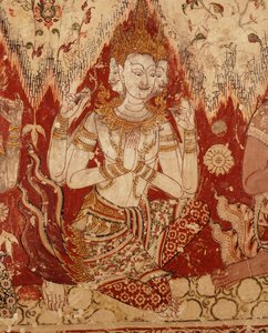 Detalle de las pinturas murales que muestran deidades celestiales del período tardío de Ayutthaya